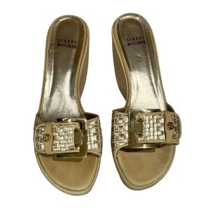 Stuart‎ Weitzman Women's Platform Wedge Slides Sandals Gold Buckle Shoes SZ 8